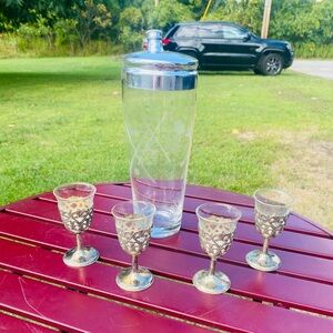 Antique shaker and 4 shot glass set